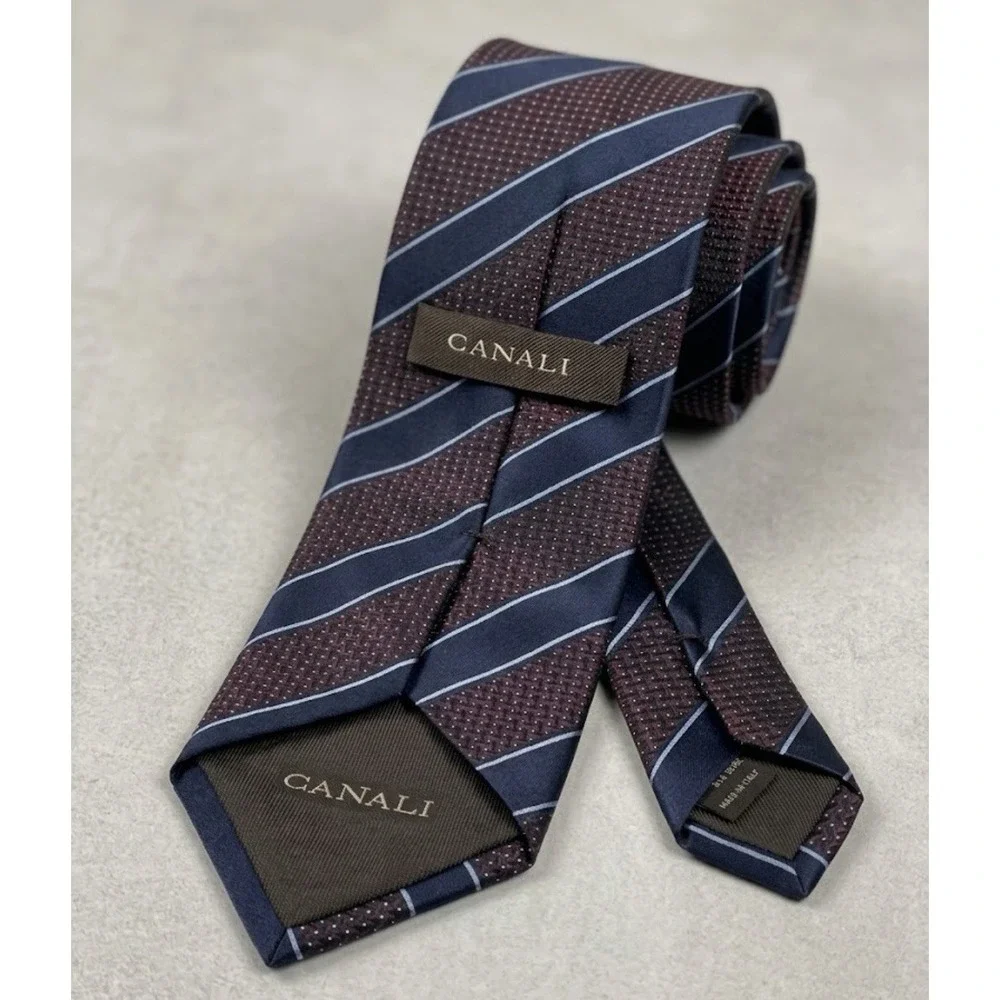 CANALI Italy Mens Silk Necktie Navy Blue Burgundy Stripe Micro Pattern 3.5